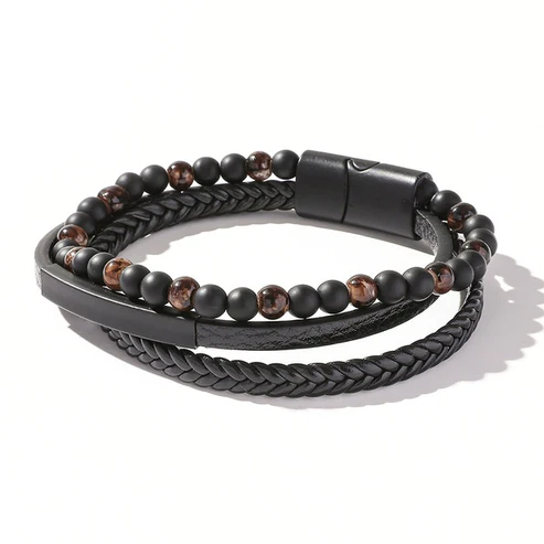 Black Leather- Beads Bracelet