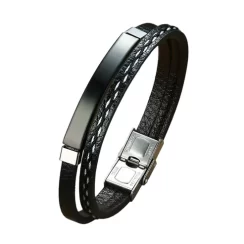 Black Silver Leather Bracelet