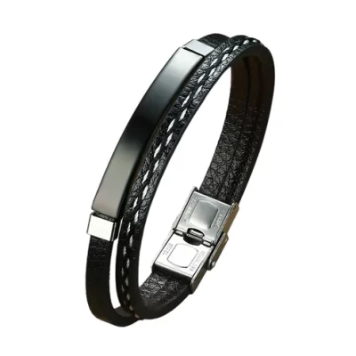 DE-BR153BL-1 Black Silver Leather Bracelet