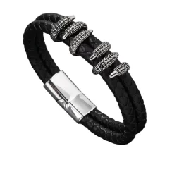 Black  Leather Steel Bracelet